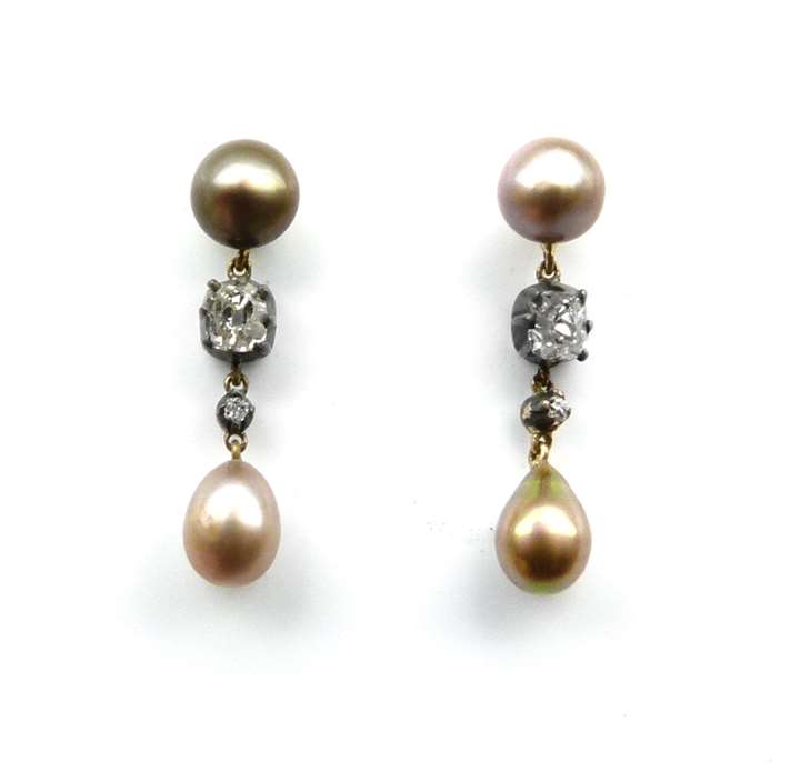 Pair of antique coloured pearl drop and diamond earrings.